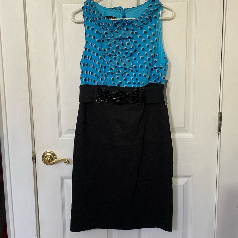 AGB Sleeveless Turquoise Polka Dot Ruffled Top Black Pencil Dress